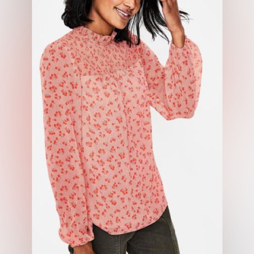 Boden Janie Long Sleeve Mock Neck Pink Ditsy Floral Blouse Size 16 - Picture 2 of 13